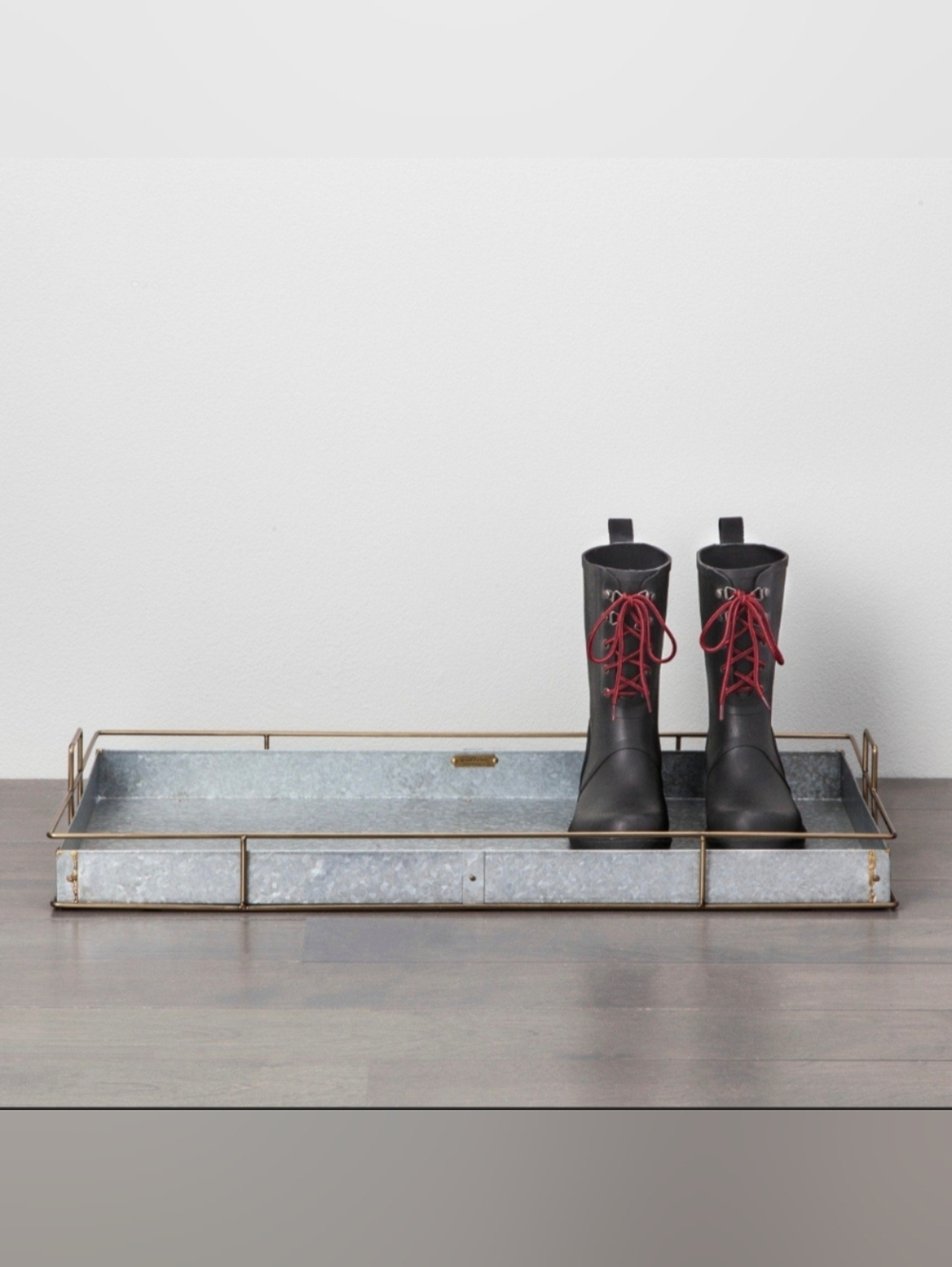 Hearth & Hand Galvanized Metal Boot Tray with Gold Trim and Black Boots